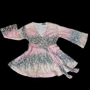 BOOHOO Pink Silver Ombre Sequin Wrap Dress Plus Sz 16 Swiftie Eras Tour Outfit